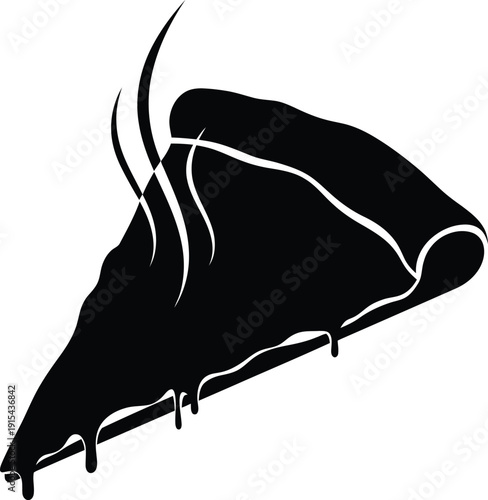 Black silhouette of a hot steaming pizza slice with melting cheese.