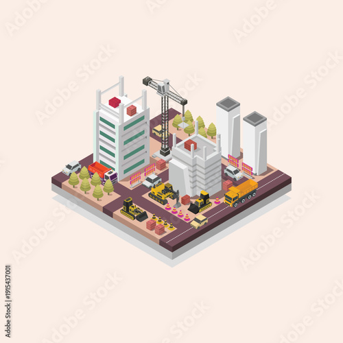 Isometric urban landscape with geometric architecture and bustling construction activity, featuring modern buildings, cranes, and heavy machinery for city development