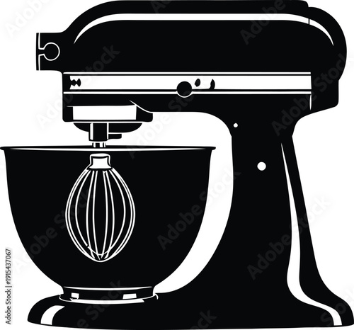 Black silhouette of a classic kitchen stand mixer with whisk.