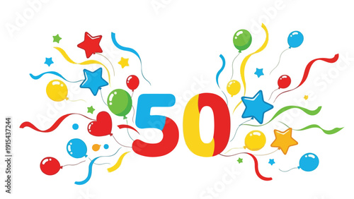 Colorful 50th Celebration Design with Balloons Stars and Confetti