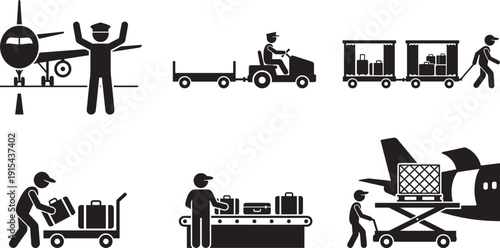 Airport ground handling and baggage service icons set, black silhouette aviation cargo operations collection