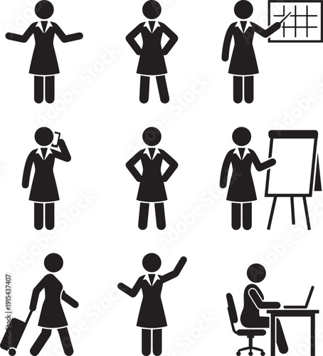 Businesswoman professional icons set, black silhouette female manager presenting working traveling and office activities collection