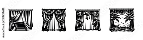 Curtains flat vector icons set. drapes and window treatments design elements collection