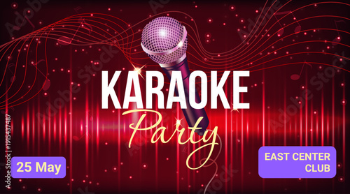 Karaoke Night Music Event Banner with Microphone and Light Rays