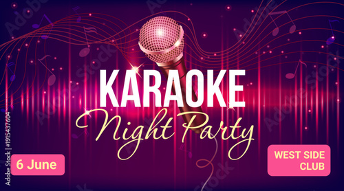 Karaoke Night Music Event Banner with Microphone and Light Rays