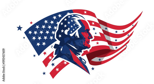 Vector illustration of a patriotic American design featuring a profile of George Washington with a stars and stripes background, symbolizing Presidents' Day and American heritage in a