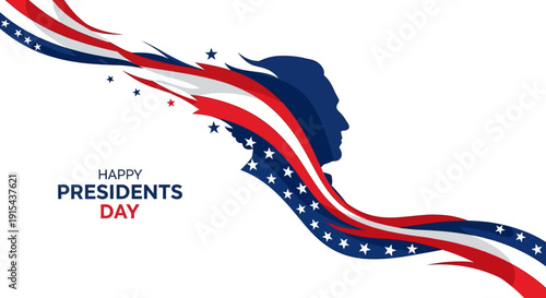 Vector illustration of a patriotic Presidents' Day design template featuring a USA flag ribbon, stars pattern, and 'Happy Presidents Day' text on a white background, conveying American
