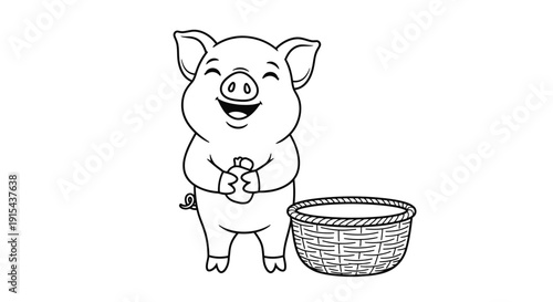 Smiling piglet with basket beside woven basket
