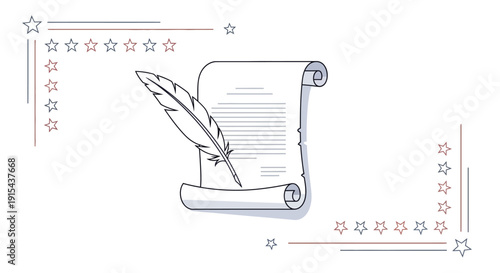 Patriotic Presidents' Day illustration of a quill pen on a scroll with stars and stripes background vector, symbolizing American history and freedom.