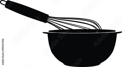 Black silhouette of a kitchen wire whisk in a mixing bowl.