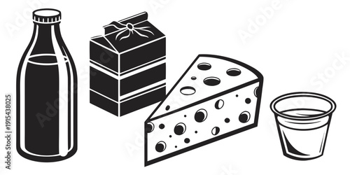 Canvas Print Assorted food items including milk, cake, cheese, and coffee on a table Vector
