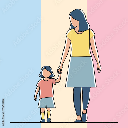 Modern flat vector of mother and daughter walking together. Great for family lifestyle, parenting guidance, childhood growth, trust, and everyday motherhood themes.