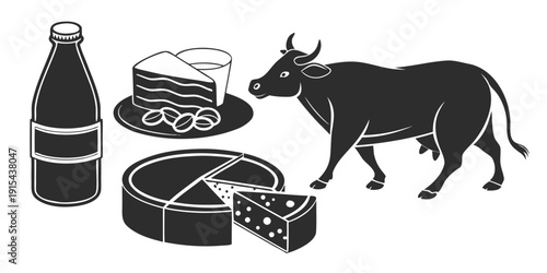 Canvas Print A cow standing next to a selection of dairy products including milk and cheese