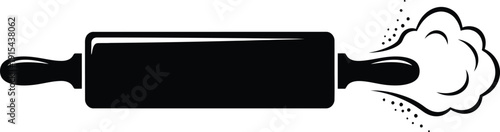 Black silhouette of a kitchen rolling pin with a cloud of flour.