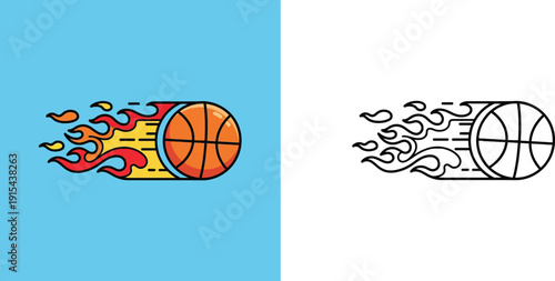 Vector illustration of a basketball on fire with speed flames and motion lines, includes colored and black and white line art versions for sports logos, icons, and graphic design.