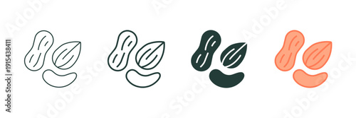 Set of minimalist nut icons with transparent background, featuring peanuts, almonds, and cashews in different styles, ideal for food, health, and snack-related designs, vector illustration