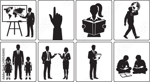 Education and professional people icons set, black silhouette teacher student business and learning concepts