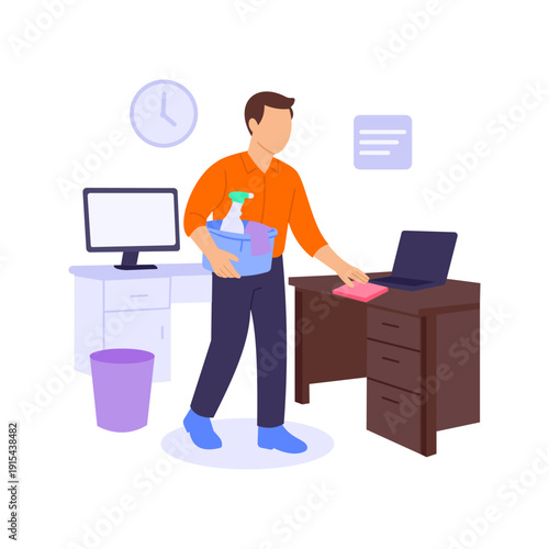 Workplace Maintenance, ensuring clean organized functional environments, Flat vector character illustration