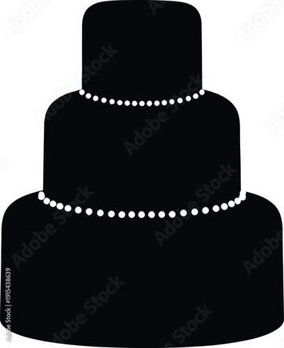 Black silhouette of a three tiered wedding cake with pearl decorations.