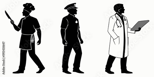 Three professionals walking in a row, each representing different occupations. Vector