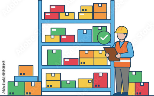 Warehouse Worker Checking Inventory Stock on Shelves with Clipboard