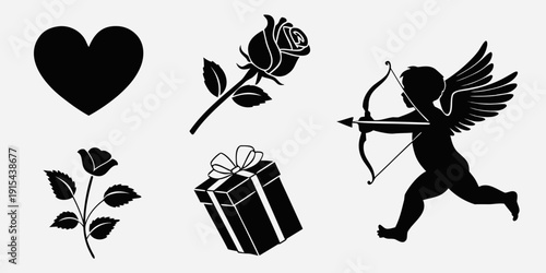 Romantic symbols including heart, rose, gift, and cupid with bow and arrow Vector