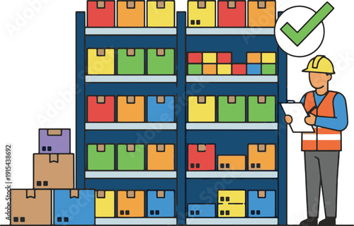 Warehouse Worker Checking Inventory Stock on Shelves with Clipboard