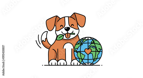 Cute dog with globe symbolizing Earth love and environmental care