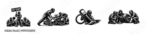 Pit stop flat vector icons set: racing, motorsport, mechanics illustrations
