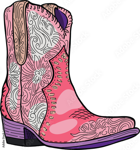 Pink feminine cowboy boot illustration in vector