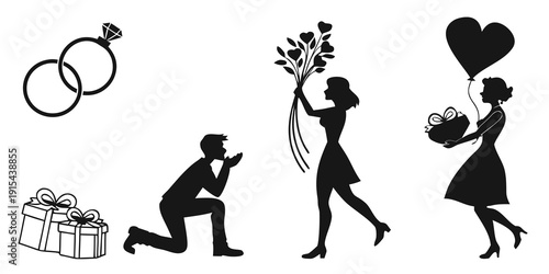 A man proposing with a ring while a woman holds flowers and another woman holds a heart. Vector