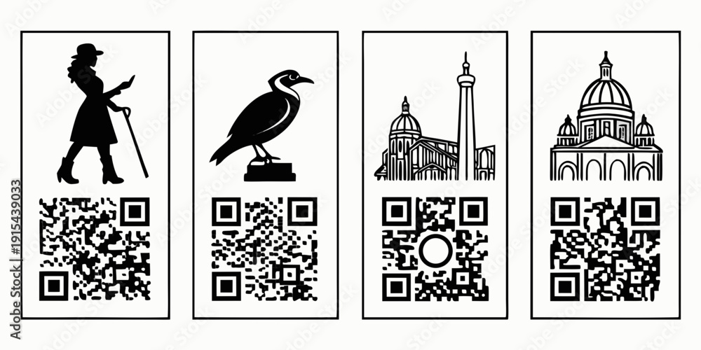 Fototapeta premium Black and white icons of various activities and landmarks with qr codes Vector