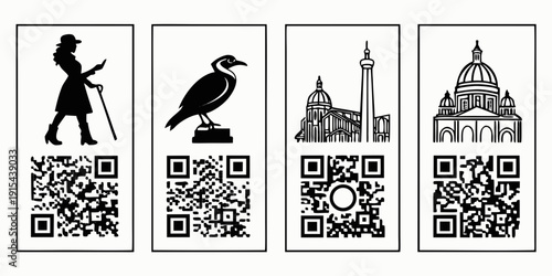 Black and white icons of various activities and landmarks with qr codes Vector