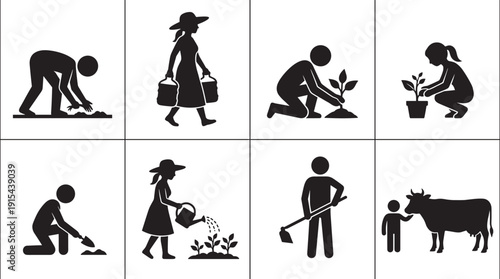 Farmers silhouettes collection, agriculture planting watering digging livestock care rural farming vector illustration set