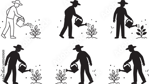 Farmer watering plant silhouettes set, gardening agriculture growth care black vector illustration collection isolated on white
