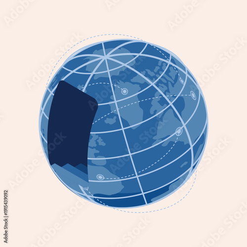 Abstract blue globe illustration depicting a worldwide network of connections and routes, symbolizing global logistics, communication, and technological integration for efficient business distribution