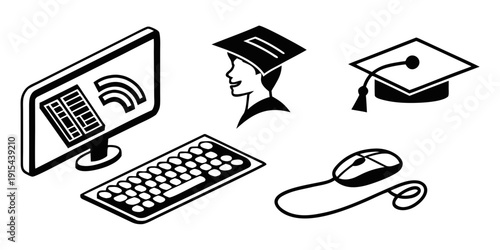 Student using a computer with graduation cap and mouse in the foreground Vector
