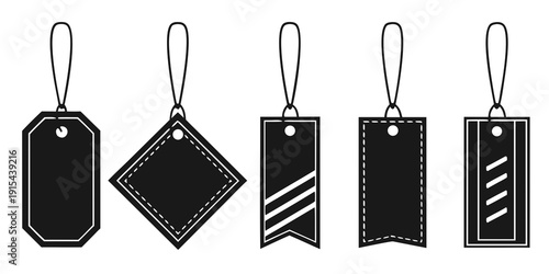 Assorted black tags with strings attached in various shapes and designs Vector