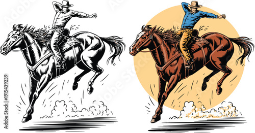 Cowboy Riding Bucking Bronco at Rodeo Arena.