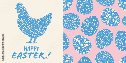 Happy Easter greeting card with blue floral hen silhouette and brush lettering on cream. Patterned easter eggs with botanical motifs on pastel pink background, spring folk style for springtime wishes.