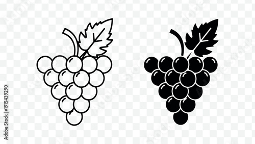 Two bunches of grapes in black and white line art isolated on transparent background