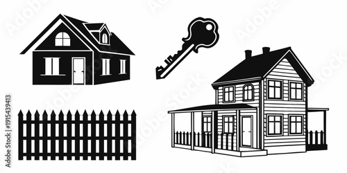 Illustration of a house with a fence and a key symbolizing home ownership. Vector