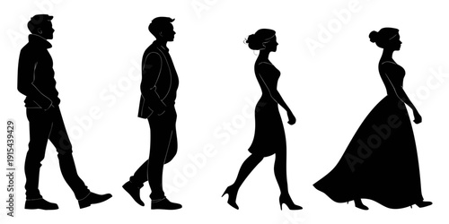 Silhouettes of people walking in formal attire and casual clothing Vector