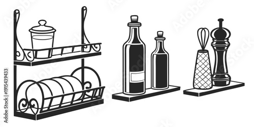 A variety of kitchen utensils and appliances on a countertop. Vector