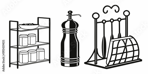 A collection of vintage kitchen appliances and utensils from the early 20th century. Vector