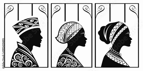 Three women in traditional attire with headscarves and unique hairstyles Vector