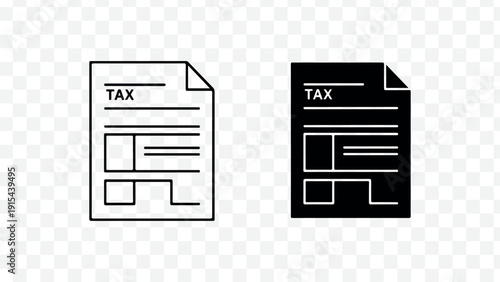 Black and white tax document icons isolated on transparent background