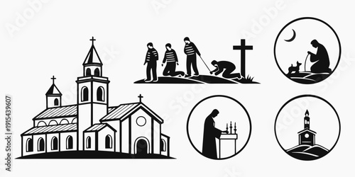 Historical church with various activities and symbols depicted around it. Vector