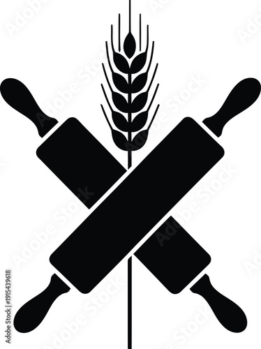 Crossed Rolling Pins and Wheat Stalk Bakery Emblem Icon.