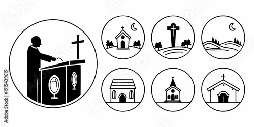 A person speaking at a podium surrounded by icons of various locations and activities Vector